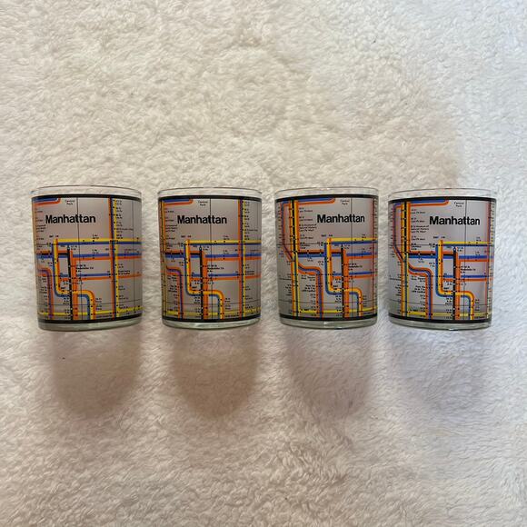 4 RARE BILL BLASS New York City Subway Manhattan Map Whiskey Bourbon Glasses - Picture 3 of 5